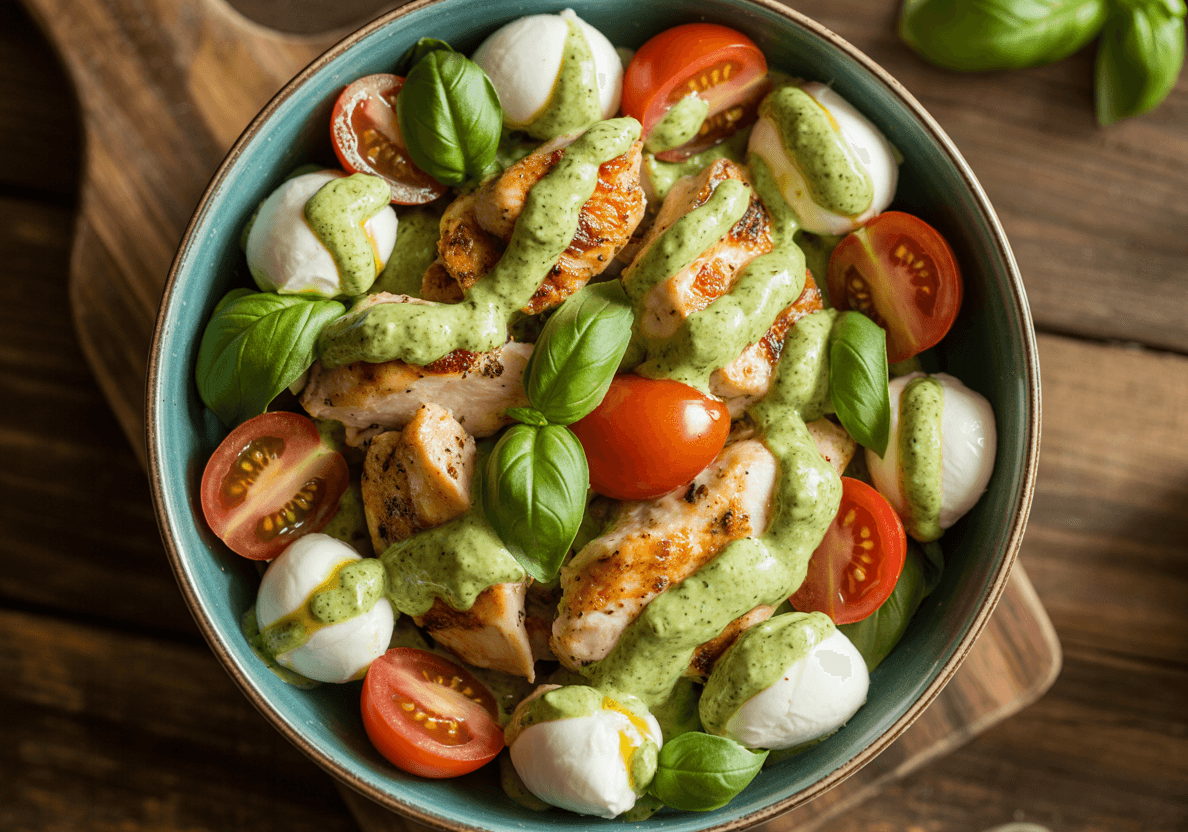 Keto Chicken Pesto Salad with Mozzarella & Tomatoes
