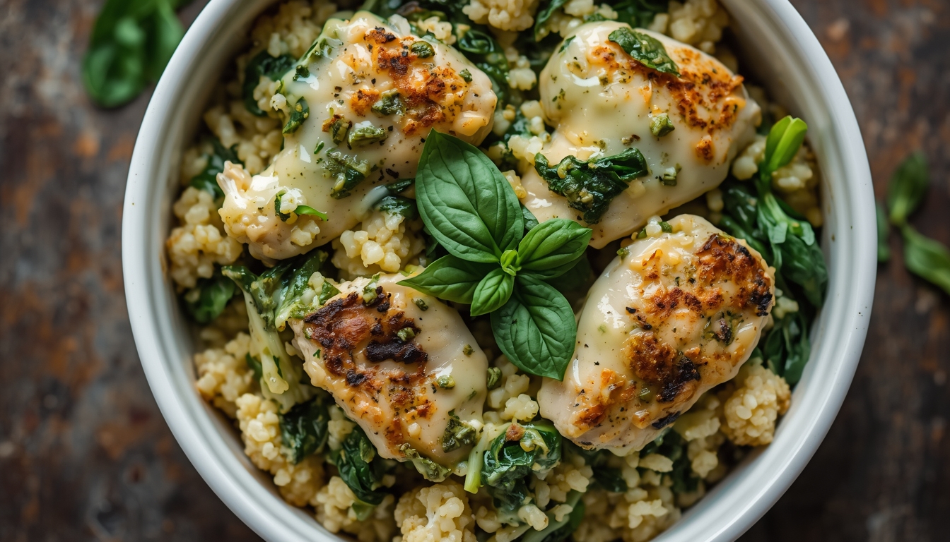 Keto Spinach Pesto Chicken Rice Casserole (Cauliflower Rice)