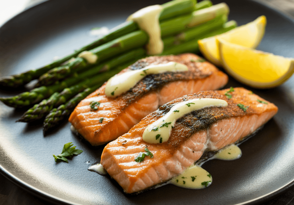 Keto Garlic Butter Salmon with Asparagus on a plate