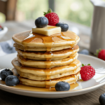 Keto Fluffy Almond Flour Pancakes on a plate with rasberrys and blueberrys