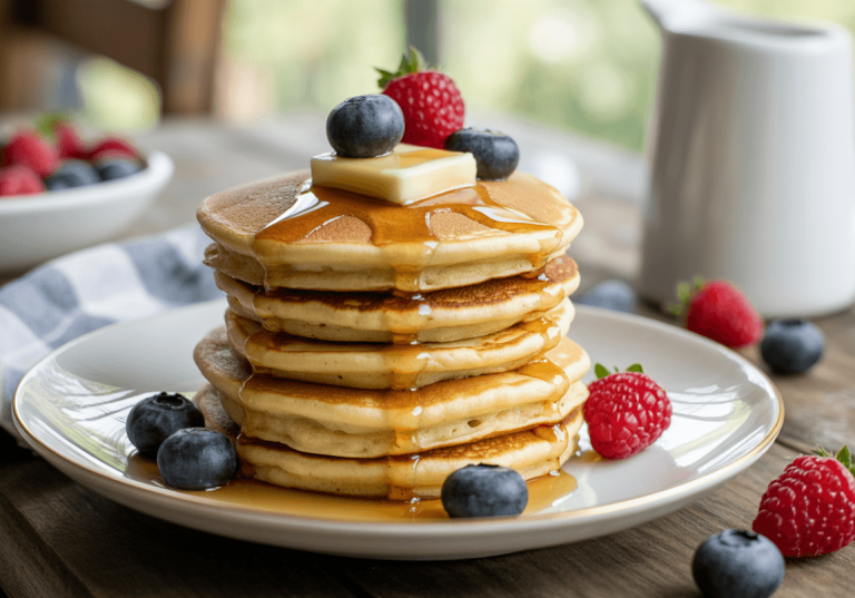 Keto Fluffy Almond Flour Pancakes on a plate with rasberrys and blueberrys