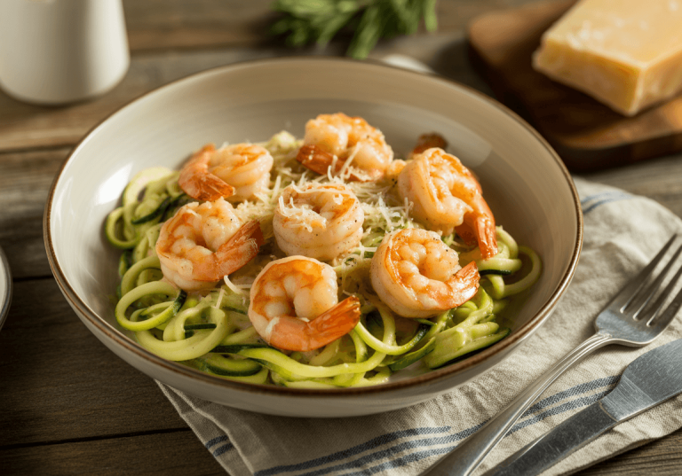Keto Zucchini Noodles with Creamy Garlic Shrimp