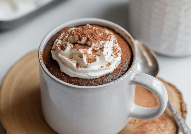 Keto Chocolate Mug Cake (Dessert) Keto Chocolate Mug Cake in a mug with cream and chocolate powder on it