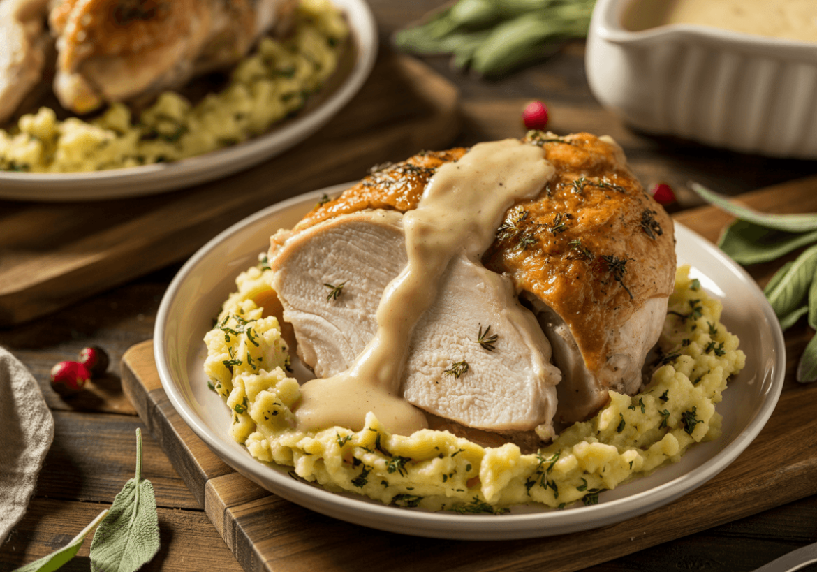 Keto Herb Butter Turkey Thighs with Garlic Cauliflower Mash and Creamy Gravy