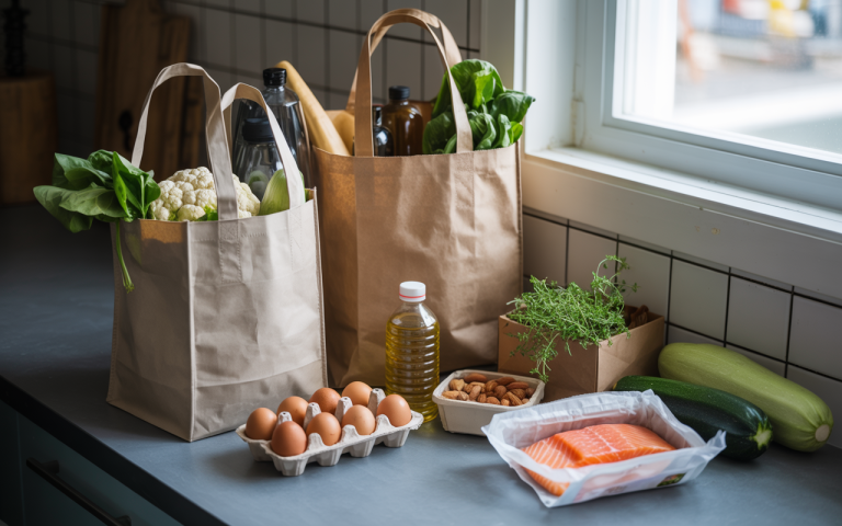 keto grocery haul on kitchen counter realistic photo