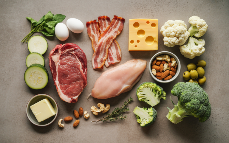 real keto ingredients flatlay with meat cheese vegetables and nuts