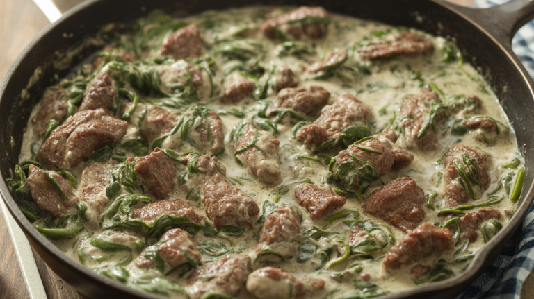 Keto Creamed Spinach with Steak Tips