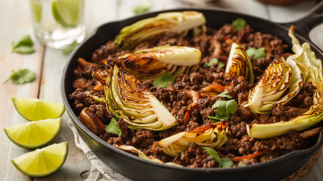 Keto Ground Beef & Charred Cabbage Skillet with Lime