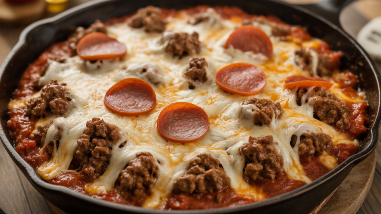 Keto Cheesy Beef Pizza Skillet (No Crust)