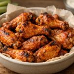 Crispy air-fried chicken wings seasoned simply and tossed in a thin butter and hot sauce buffalo coating.