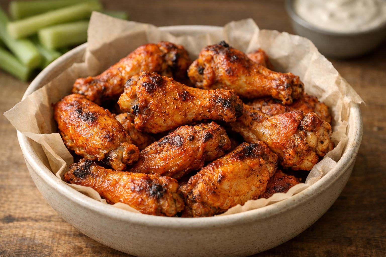 Crispy air-fried chicken wings seasoned simply and tossed in a thin butter and hot sauce buffalo coating.