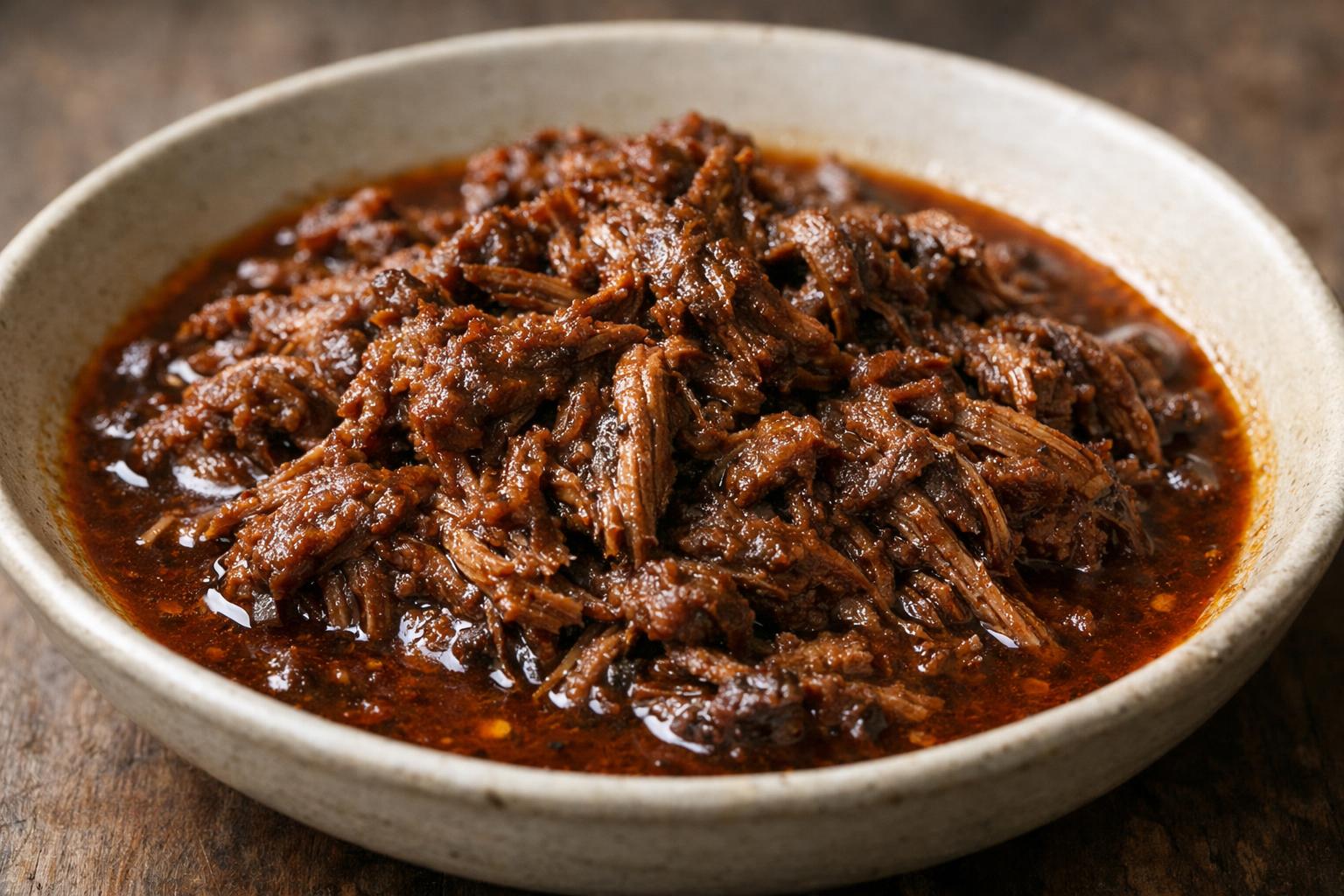 Slow-cooked shredded beef in a rich, lightly spicy barbacoa-style sauce made without sugar or starch, perfect for low-carb meals.