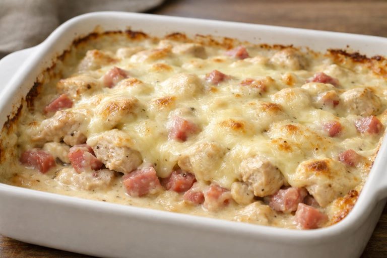A creamy low-carb chicken bake with layers of seasoned chicken, diced ham, and melted Swiss cheese covered in a smooth Dijon cream sauce.
