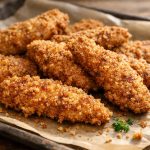 Crunchy, low-carb chicken tenders coated in pork rinds for a crispy texture without flour.