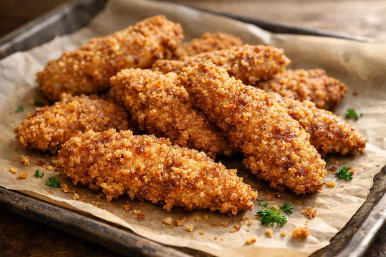 Crunchy, low-carb chicken tenders coated in pork rinds for a crispy texture without flour.