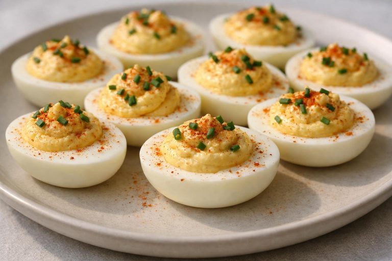 Classic low-carb deviled eggs with a smooth, creamy yolk filling and a clean, balanced flavor.