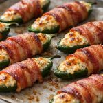 Cheesy, smoky, bacon-wrapped jalapeño halves baked until golden and perfectly tender.