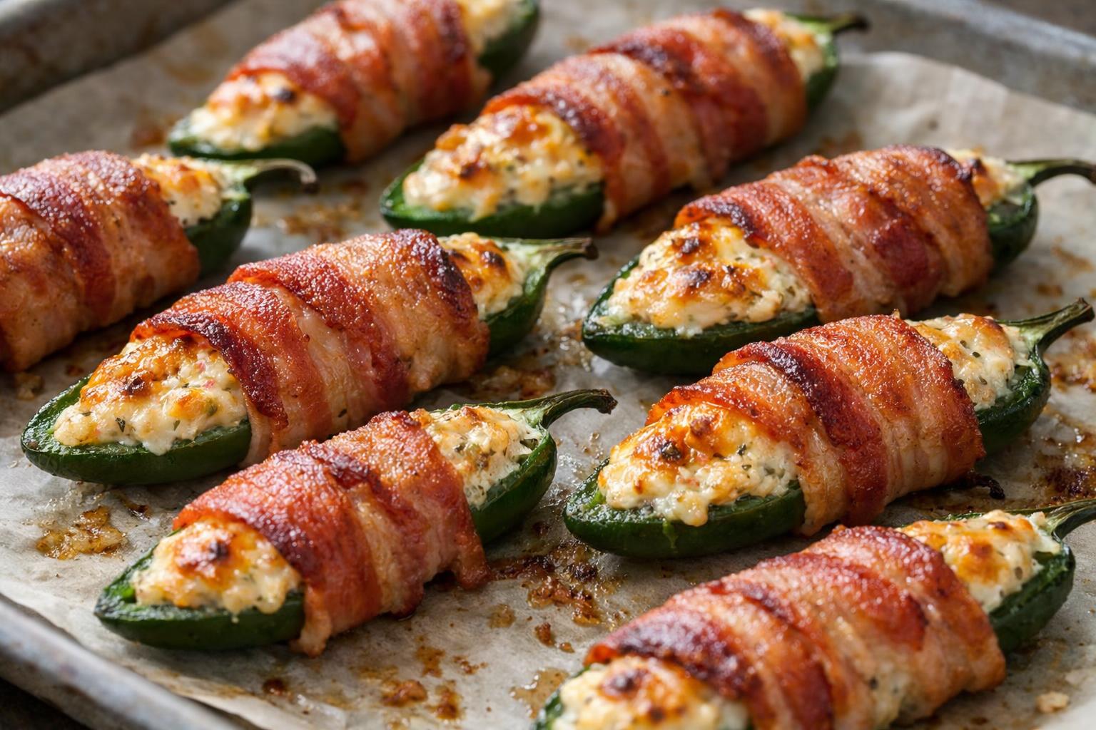 Cheesy, smoky, bacon-wrapped jalapeño halves baked until golden and perfectly tender.