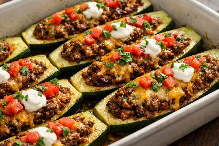 Low-carb zucchini boats filled with seasoned taco beef and topped with melted cheddar for a flavorful, easy keto dinner.
