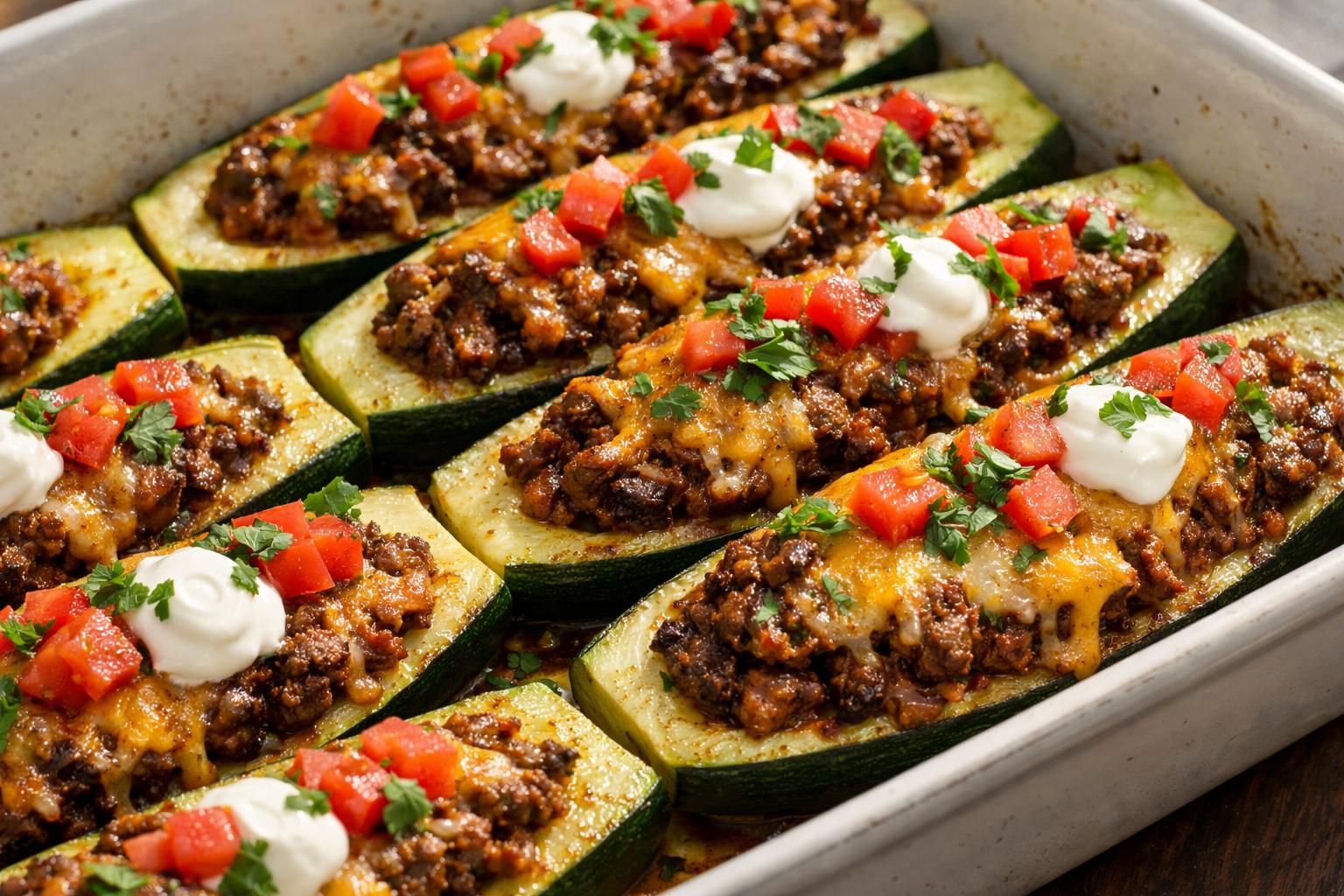Low-carb zucchini boats filled with seasoned taco beef and topped with melted cheddar for a flavorful, easy keto dinner.