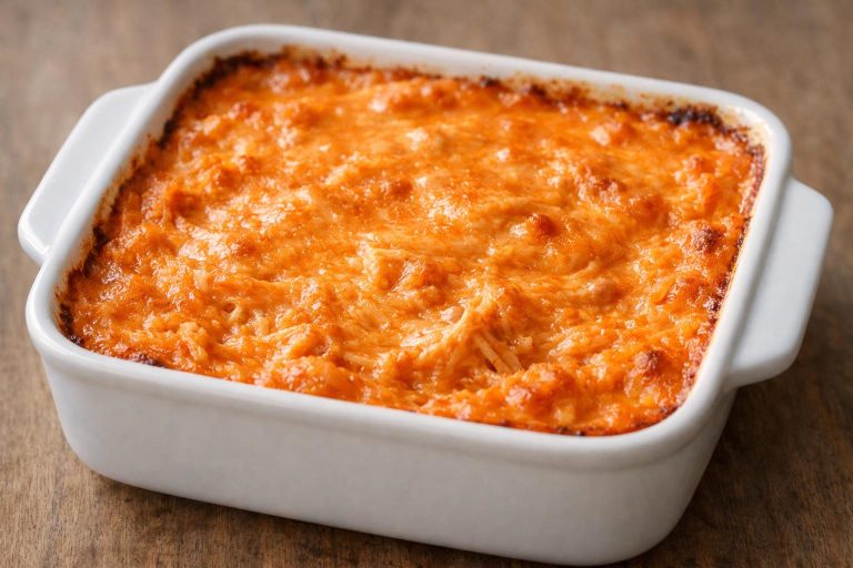 A creamy, spicy, low-carb Buffalo chicken dip baked until hot, smooth, and lightly browned on top.