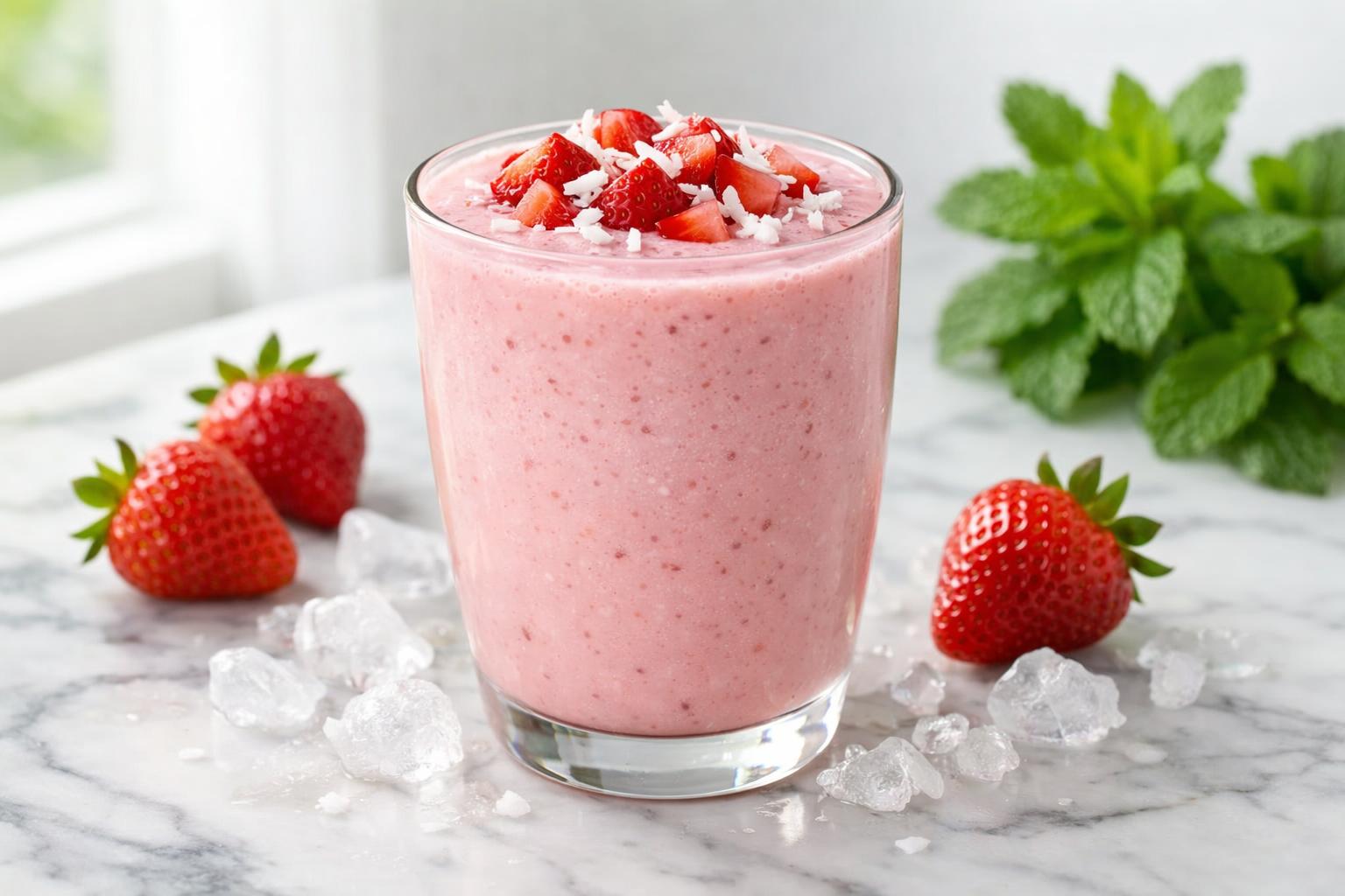 A creamy strawberry smoothie blended with coconut milk for a refreshing keto-friendly drink.