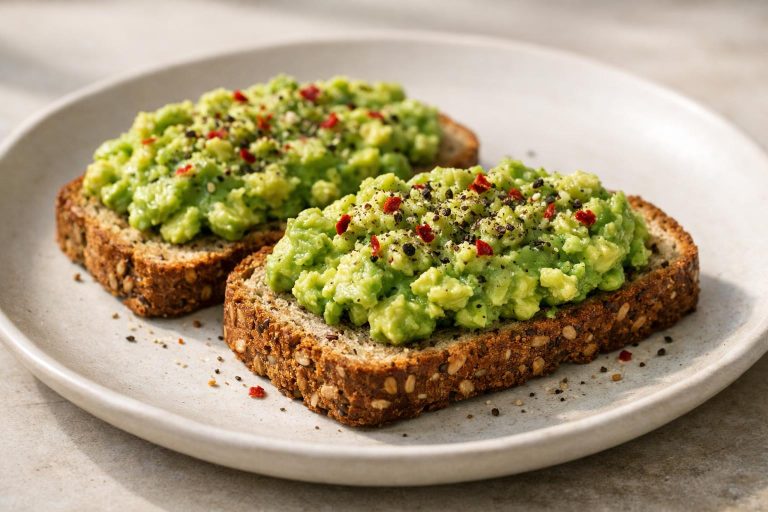 Creamy mashed avocado spread over toasted low-carb bread, finished with simple seasoning.