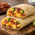 A warm low-carb breakfast burrito filled with eggs, bacon, cheese, and avocado.