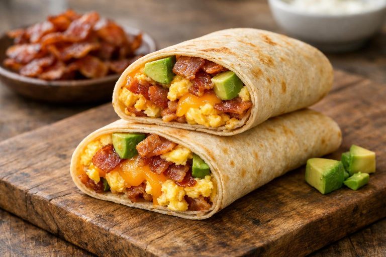A warm low-carb breakfast burrito filled with eggs, bacon, cheese, and avocado.