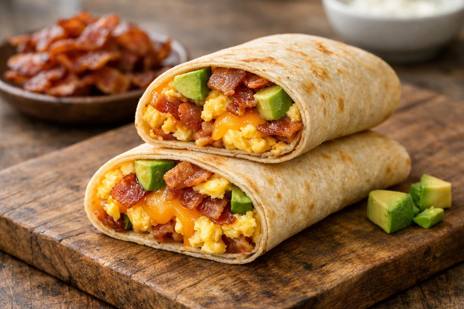 A warm low-carb breakfast burrito filled with eggs, bacon, cheese, and avocado.