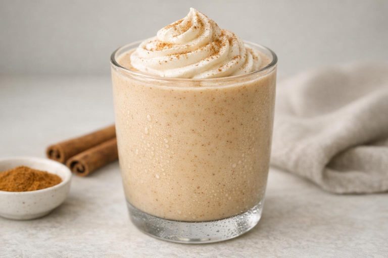 A thick, creamy smoothie with cinnamon and vanilla flavors, blended with protein for a smooth, drinkable texture.