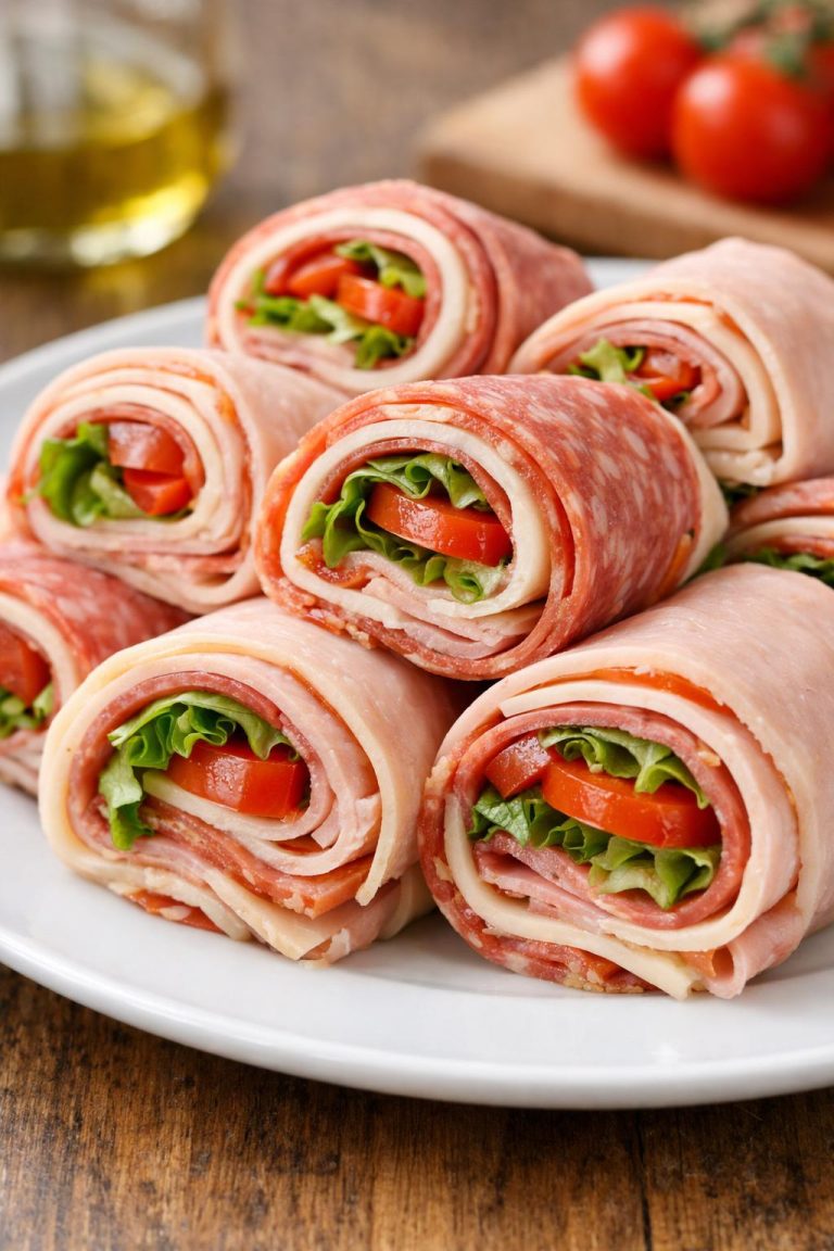 Layered deli meats and cheese rolled tightly with fresh fillings, sliced into compact pieces that hold their structure without bread.