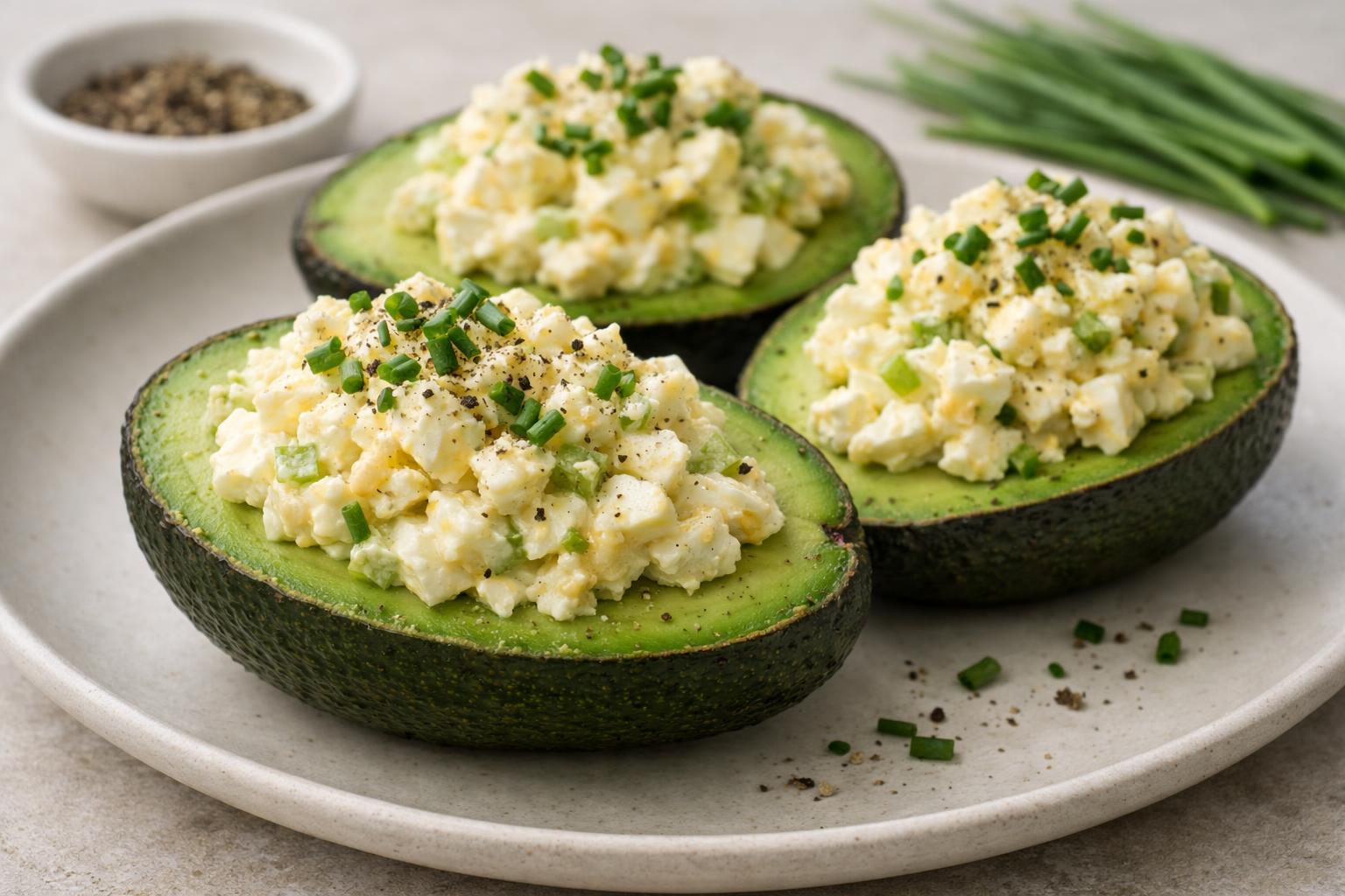 Creamy egg salad packed into ripe avocado halves for a rich, low-carb meal that’s quick, filling, and easy to portion.