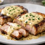 Seared pork chops finished with a creamy mustard sauce that coats the meat in a thick, smooth layer.