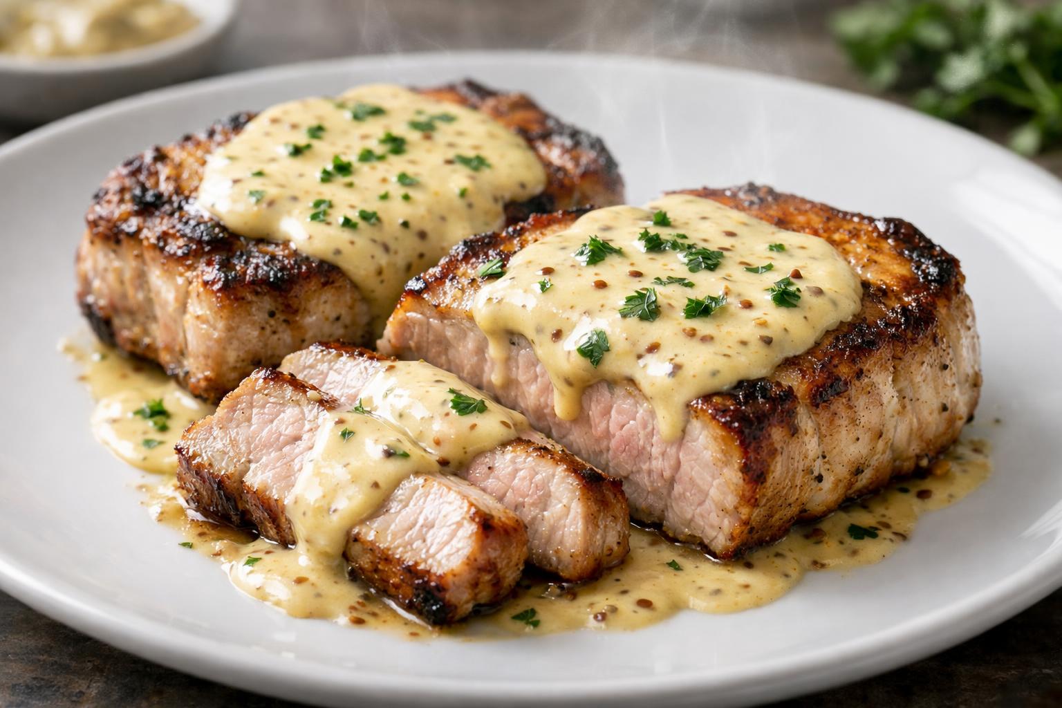 Seared pork chops finished with a creamy mustard sauce that coats the meat in a thick, smooth layer.