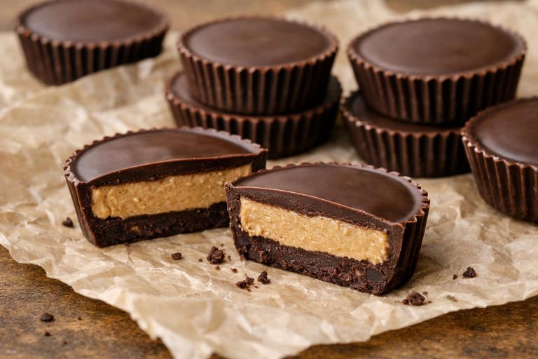 Chocolate cups filled with a thick peanut butter center, formed in layers and set into a firm, bite-sized shape.