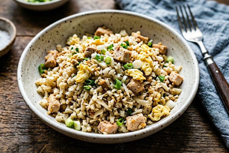 A rice-style dish made with finely chopped cauliflower, diced chicken, egg, and green onion, combined into a loose mixture with a light golden color and distinct texture.