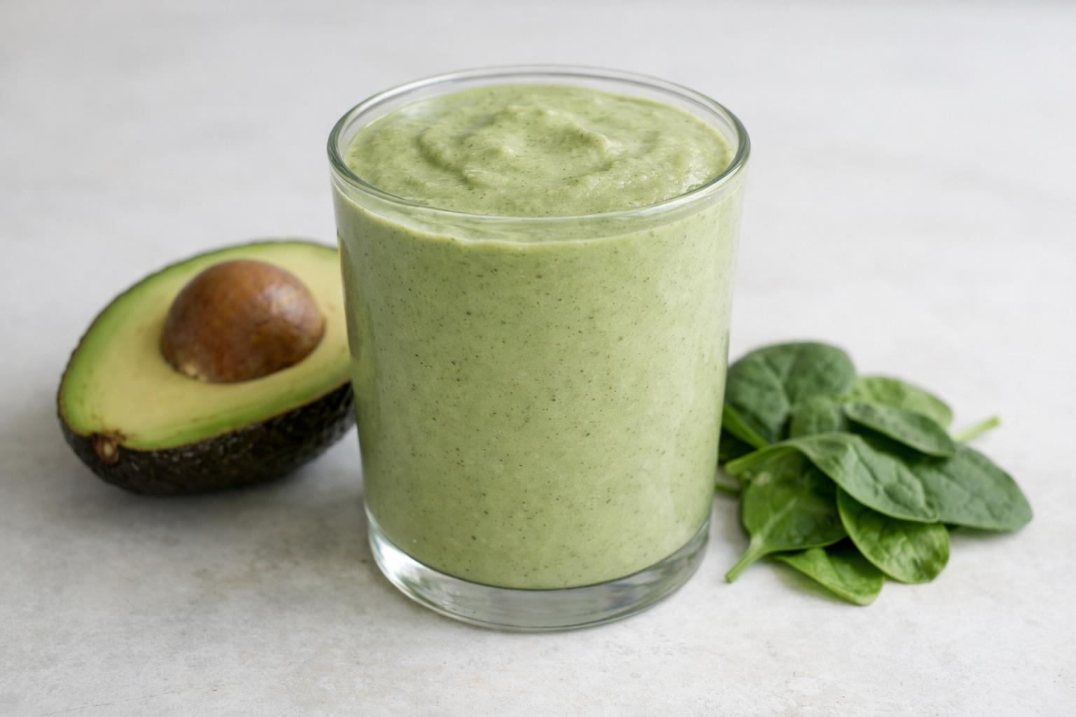 A thick, creamy low-carb smoothie made with avocado and spinach, blended into a smooth and filling drink.