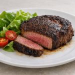 A thick ribeye steak seared in a cast iron pan and finished with melting herb butter for a rich, simple result.