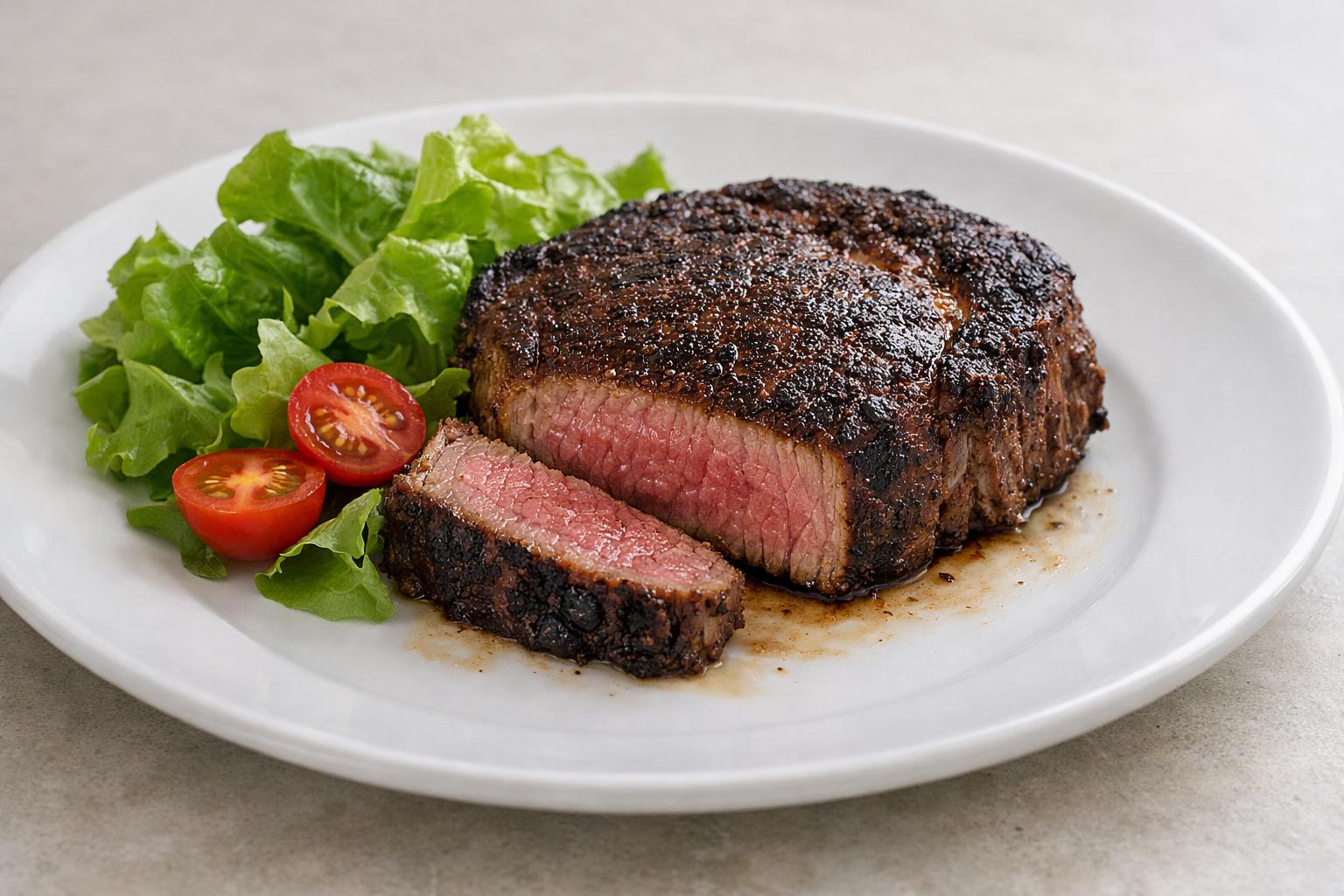 A thick ribeye steak seared in a cast iron pan and finished with melting herb butter for a rich, simple result.