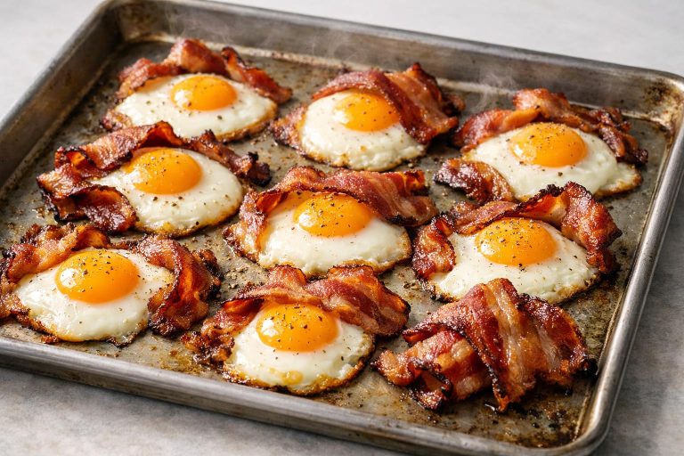 Eggs baked on a sheet pan alongside bacon, creating a simple combination of set whites, soft yolks, and crisp strips in one tray.
