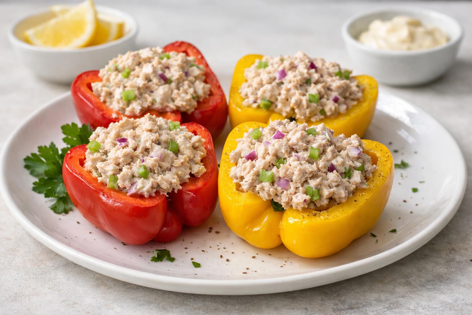 Bell peppers filled with a creamy tuna mixture, served cold with a firm, structured filling and crisp bite.