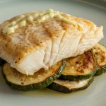 Pan-seared cod finished with garlic chili butter, served with roasted zucchini coins.