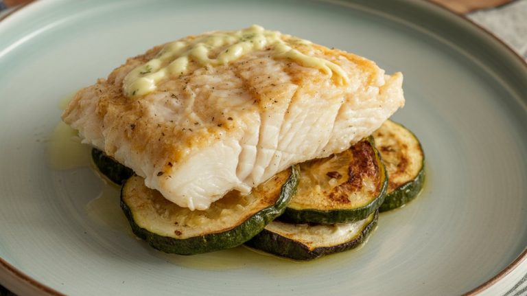 Keto Garlic Chili Butter Cod with Roasted Zucchini Coins Pan-seared cod finished with garlic chili butter, served with roasted zucchini coins.