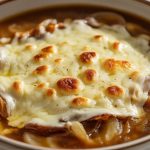 Slow-cooked onions in a rich broth, finished with melted cheese on top.