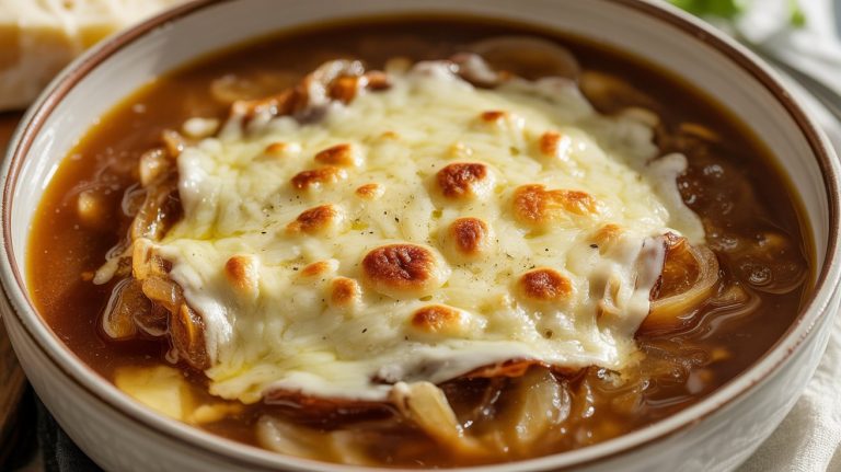 Slow-cooked onions in a rich broth, finished with melted cheese on top.