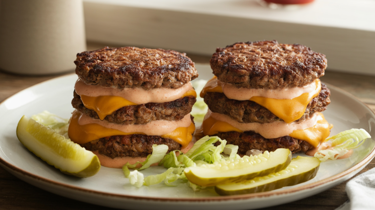 Thin, crispy-edged beef patties stacked with melted cheese and finished with a thick, tangy special sauce.