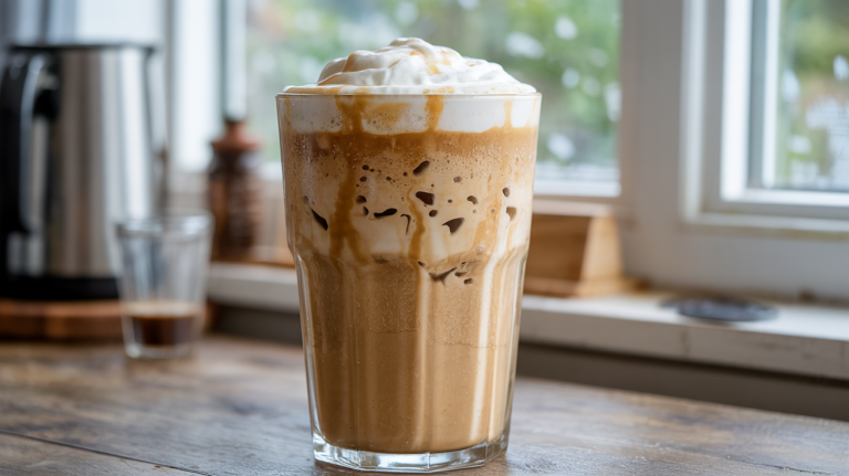 Keto Caramel Frappuccino Blended iced coffee with caramel flavor and a creamy texture.