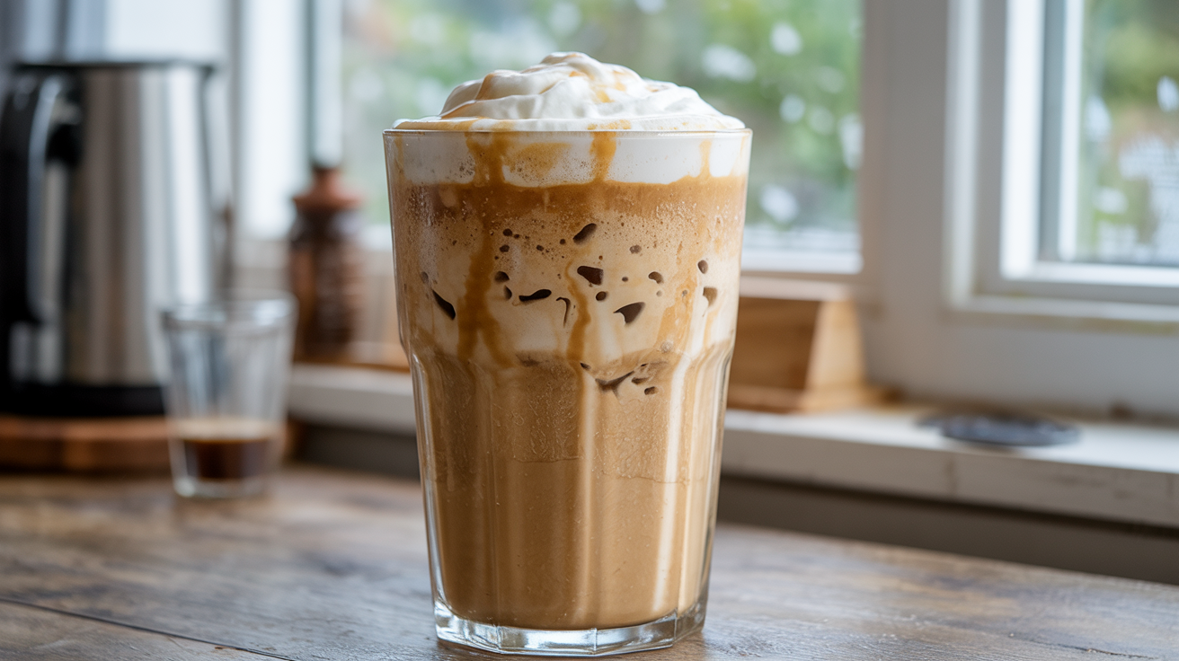 Blended iced coffee with caramel flavor and a creamy texture.