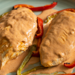 Pan-seared chicken in a creamy paprika sauce with charred peppers, made without baking or casserole-style texture.